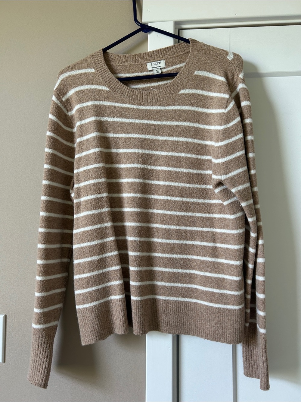 J. Crew Women's Tan and White Striped Crewneck Sweater